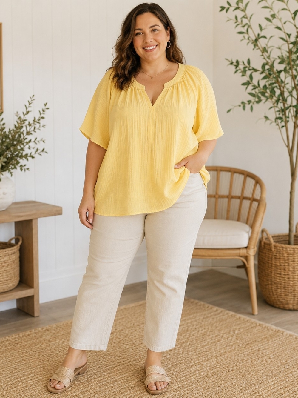 Nine West Yellow V-Neck Flutter Sleeve Top